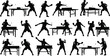© Hasem Creative - Silhouette table tennis players in dynamic action poses, ping pong athlete movements showing various strokes, competitive sports training illustration collection