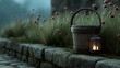 © Sung Hwan Kim - a peaceful outdoor scene featuring a basket with a lit candle next to a stone wall surrounded by tall grass