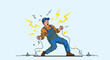 © Mitchell - Cartoon man in blue overalls and a cap getting a severe electric shock, tangled in live wires with sparks and lightning effects.