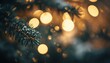 © Artes - Close-up of a snow-dusted pine branch with sharp, detailed needles set against a softly blurred background of warm golden bokeh lights. The image evokes a festive and cozy winter atmosphere, perfect f