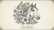 © Sss - Elegant horse head illustration surrounded by lush floral elements and a delicate butterfly vintage sketch style for equestrian branding and nature-themed designs