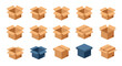 © Md - Collection of isometric cardboard boxes for packaging and shipping, featuring open and closed cartons in brown and blue colors.