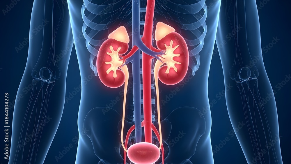 Ultra realistic 3D medical illustration of glowing human kidneys inside ...