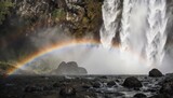 A majestic waterfall cascades with a rainbow arching across the misty spray, over dark rocks