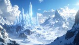 A majestic crystal palace, radiant against snow-covered mountains, under a bright, partly cloudy sky