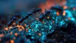 © Qazi - Ants crawling over glowing neon rock surface emitting radiant light, macro close-up showing insect movement and surreal luminous geological textures
