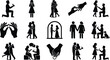 © ArtMint - Wedding proposal and engagement silhouette icon set. Romantic couple in love, man kneeling with ring, bride and groom dancing, and holding hands symbols for marriage vector collection design art.