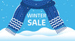 © Blank mind - Winter sale banner with blue knitted scarf hanging over snowy landscape