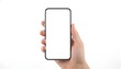 © Husen - A hand is holding a smartphone with a blank screen horizontally on a white background.