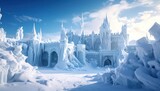 A fantastical castle made entirely of ice in a snowy, sunlit environment