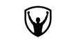 © Abdul Hadi - A silhouette of a person with raised arms inside a shield on white background, symbolizing protection and victory in a conceptual design