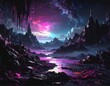 © Boruto - Surreal landscape with violet mountains, river, and a vibrant nebula