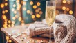 © Nan - A champagne flute with golden bubbles on a wooden table beside a cozy blanket and festive confetti.