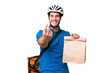 © luismolinero - Young caucasian man taking a bag of takeaway food over isolated background doing coming gesture