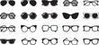 © kaowsar - Sunglass silhouette icon set. Men glasses. Sun glasses hipster frame set, fashion black plastic rims. Vector illustration.