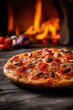© oksa_studio - Delicious pepperoni pizza with mushrooms on wooden table in front of fireplace for restaurant menu and food delivery promotions