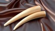© IzzExpert - Two smooth polished ivory tusks resting on a rich draped fabric surface