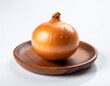 ©  Hawthorne Noel - Golden onion with water droplets, rustic wooden plate. Studio food photography, pristine white background, highlighting freshness and culinary appeal