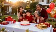 © STOCK AI - Joyful multi-generational Asian family celebrating a birthday outdoors at sunset. A young boy blows out candles on the festive cake while his happy family looks on with smiles, highlighting togethe...