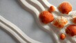 © horizon - Zen-like arrangement features orange scallop shells placed on white sand with wavy raked patterns under soft natural beach lighting.