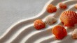 © horizon - Zen-like arrangement features orange scallop shells placed on white sand with wavy raked patterns under soft natural beach lighting.