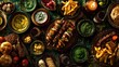 © Pornfa - Colorful assortment of grilled meats, vegetables, and dips served on rustic wooden table in a vibrant dining setting