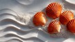 © horizon - Zen-like arrangement features orange scallop shells placed on white sand with wavy raked patterns under soft natural beach lighting.