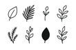 © Іван Ніколов - Leafy Icon Collection. Leaf & Plant Motifs linear set: simple leaf icon, tropical frond, tiny bud, branching leaf stem, soft mossy sprig, flowering leaf tip, leafy silhouette,