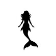 © Maulana - Black silhouette of a mermaid with long flowing hair and a fish tail, seen from behind on a white background.