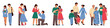 © SpicyTruffel - Big family. Grandparents house, happy couple and granny care for baby girl, boy and father work. Mother at home. Old and young characters. Generations parenthood concept. Vector cartoon set