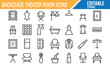 © SANTI - Backstage theater room line icon set with editable stroke, including mirrors, dressing table, chair, costumes, clothing rack, and makeup accessories.