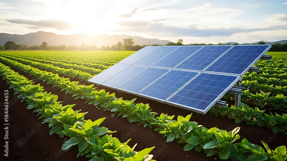 Field Panel Power solar panels installed on farm field for renewable energy generation ...