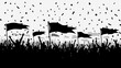 © Slamet - Celebration Silhouette: A jubilant crowd of people raising their arms in celebration, banners waving high, confetti raining down, all silhouetted against a stark backdrop.
