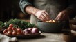 © CYBERPINK - Person's hands cooking in a black bowl on a wooden table. the person is wearing a green apron and appears to be in the process of preparing a meal.