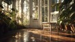© TRAVEL MOSAIC - Greenhouse Serenity: Sunlit tranquility in an elegant greenhouse, showcasing a solitary chair amidst lush greenery and glass windows that invite the outside in.