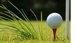 © jhon - Golf ball on red tee in green grass with flagstick in background
