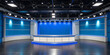 © designermetin - Empty professional television studio set with bright lighting modern stage design ready for broadcasting