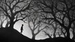 © mila103 - A person walks alone through a dark forest filled with tall bare trees. The atmosphere is mysterious with shadows and soft light during dusk.