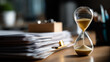 © Kateryna - Hourglass sand timer with deadline urgency defocused paperwork background time management pressure visualization document office stack stress finance account urgency bill