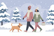 © Sniezka - African American couple walking in snowy landscape, holding hands with a playful dog, surrounded by snow-covered trees, enjoying a winter day outdoors with a joyful atmosphere