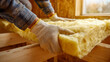 © Daria - Worker wearing protective gloves installing yellow fiberglass insulation material between wooden beams inside a construction site near a window on a sunny day