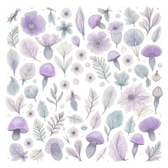 Naklejka na meble Beautiful collection icons of hand-drawn plants and flowers in various colors and styles