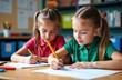© starush - Two schoolgirls writing at a classroom desk concentrating on their work