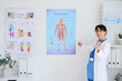 © Pixel-Shot - Female Asian doctor near poster of massage points giving online consultation in clinic