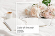 © Pixel-Shot - Cup of coffee with book newspaper and peony flowers on bed, closeup