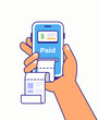 © Walt - flat vector illustration of a hand holding a smartphone pos device showing paid status and printing a receipt. ideal for digital payment, fintech, checkout, and cashless transaction concepts