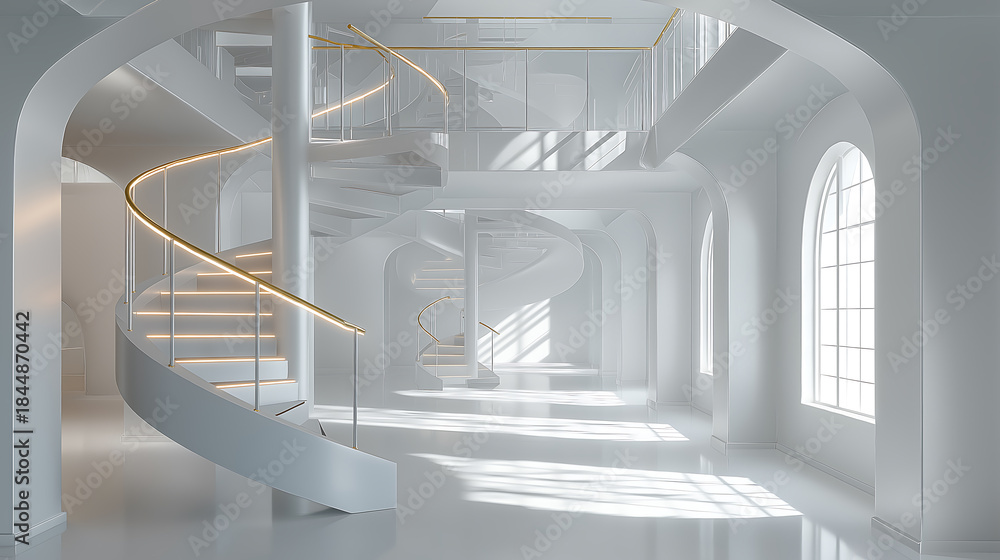 Bright white interior with modern spiral staircase and arches, color of ...
