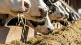 Cows eating hay in modern dairy farm barn closeup, livestock feeding on dried grass at trough, sustainable agriculture and animal husbandry concept in rural countryside