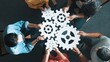 © InfiniteFlow - Top view of smart business people joining and gathering white gear together. Aerial view of diverse team working together to put or collect cog while sitting in circle. Unity, team work. Symposium.