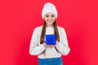 © be free - new year holiday. positive teen girl with new year present in studio. teen girl